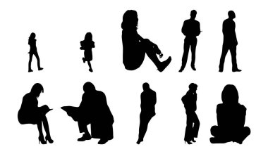 Vektör siluetleri, insanların ana hatları, Contour çizimleri, insanların siluetleri, ikon kümesi izole edilmiş, oturan insanların silueti, mimari set