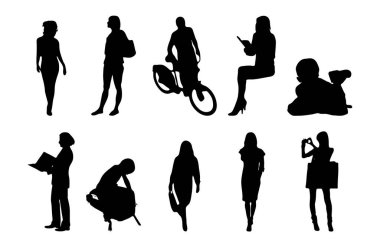 Vektör siluetleri, insanların ana hatları, Contour çizimleri, insanların siluetleri, ikon kümesi izole edilmiş, oturan insanların silueti, mimari set