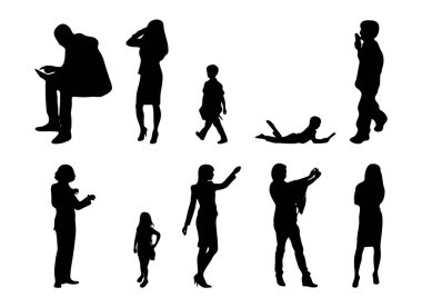 Vektör siluetleri, insanların ana hatları, Contour çizimleri, insanların siluetleri, ikon kümesi izole edilmiş, oturan insanların silueti, mimari set