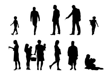 Vektör siluetleri, insanların ana hatları, Contour çizimleri, insanların siluetleri, ikon kümesi izole edilmiş, oturan insanların silueti, mimari set