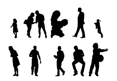 Vektör siluetleri, insanların ana hatları, Contour çizimleri, insanların siluetleri, ikon kümesi izole edilmiş, oturan insanların silueti, mimari set