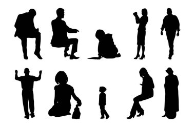 Vektör siluetleri, insanların ana hatları, Contour çizimleri, insanların siluetleri, ikon kümesi izole edilmiş, oturan insanların silueti, mimari set