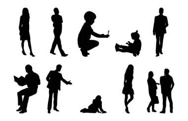 Vektör siluetleri, insanların ana hatları, Contour çizimleri, insanların siluetleri, ikon kümesi izole edilmiş, oturan insanların silueti, mimari set