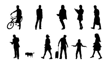 Vektör siluetleri, insanların ana hatları, Contour çizimleri, insanların siluetleri, ikon kümesi izole edilmiş, oturan insanların silueti, mimari set