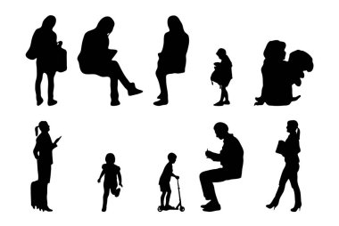 Vektör siluetleri, insanların ana hatları, Contour çizimleri, insanların siluetleri, ikon kümesi izole edilmiş, oturan insanların silueti, mimari set