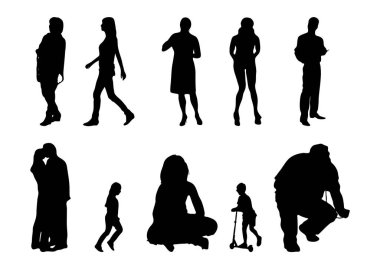 Vektör siluetleri, insanların ana hatları, Contour çizimleri, insanların siluetleri, ikon kümesi izole edilmiş, oturan insanların silueti, mimari set