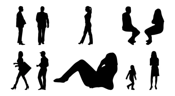 Vektör siluetleri, insanların ana hatları, Contour çizimleri, insanların siluetleri, ikon kümesi izole edilmiş, oturan insanların silueti, mimari set