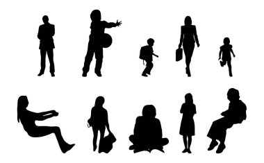 Vektör siluetleri, insanların ana hatları, Contour çizimleri, insanların siluetleri, ikon kümesi izole edilmiş, oturan insanların silueti, mimari set