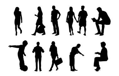 Vektör siluetleri, insanların ana hatları, Contour çizimleri, insanların siluetleri, ikon kümesi izole edilmiş, oturan insanların silueti, mimari set