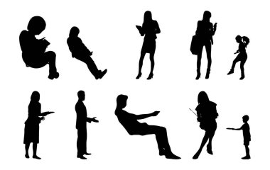 Vektör siluetleri, insanların ana hatları, Contour çizimleri, insanların siluetleri, ikon kümesi izole edilmiş, oturan insanların silueti, mimari set