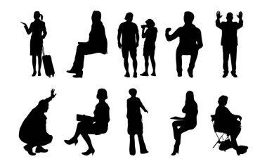 Vektör siluetleri, insanların ana hatları, Contour çizimleri, insanların siluetleri, ikon kümesi izole edilmiş, oturan insanların silueti, mimari set