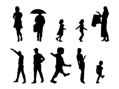 Vektör siluetleri, insanların ana hatları, Contour çizimleri, insanların siluetleri, ikon kümesi izole edilmiş, oturan insanların silueti, mimari set