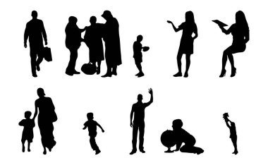 Vektör siluetleri, insanların ana hatları, Contour çizimleri, insanların siluetleri, ikon kümesi izole edilmiş, oturan insanların silueti, mimari set