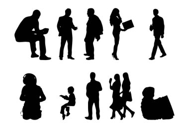 Vektör siluetleri, insanların ana hatları, Contour çizimleri, insanların siluetleri, ikon kümesi izole edilmiş, oturan insanların silueti, mimari set