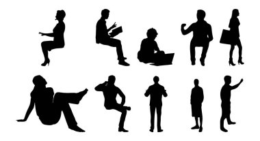 Vektör siluetleri, insanların ana hatları, Contour çizimleri, insanların siluetleri, ikon kümesi izole edilmiş, oturan insanların silueti, mimari set