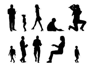Vektör siluetleri, insanların ana hatları, Contour çizimleri, insanların siluetleri, ikon kümesi izole edilmiş, oturan insanların silueti, mimari set