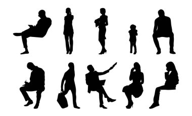 Vektör siluetleri, insanların ana hatları, Contour çizimleri, insanların siluetleri, ikon kümesi izole edilmiş, oturan insanların silueti, mimari set