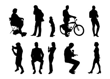 Vektör siluetleri, insanların ana hatları, Contour çizimleri, insanların siluetleri, ikon kümesi izole edilmiş, oturan insanların silueti, mimari set
