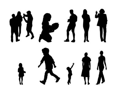 Vektör siluetleri, insanların ana hatları, Contour çizimleri, insanların siluetleri, ikon kümesi izole edilmiş, oturan insanların silueti, mimari set