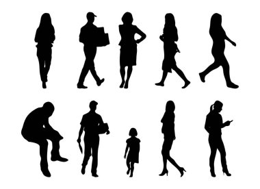 Vektör siluetleri, insanların ana hatları, Contour çizimleri, insanların siluetleri, ikon kümesi izole edilmiş, oturan insanların silueti, mimari set