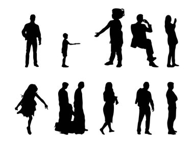 Vektör siluetleri, insanların ana hatları, Contour çizimleri, insanların siluetleri, ikon kümesi izole edilmiş, oturan insanların silueti, mimari set