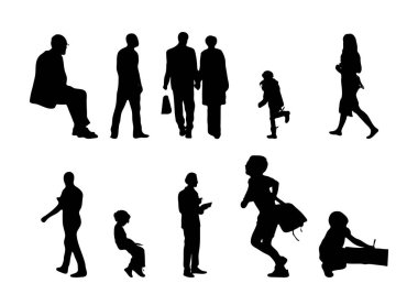 Vektör siluetleri, insanların ana hatları, Contour çizimleri, insanların siluetleri, ikon kümesi izole edilmiş, oturan insanların silueti, mimari set