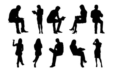 Vektör siluetleri, insanların ana hatları, Contour çizimleri, insanların siluetleri, ikon kümesi izole edilmiş, oturan insanların silueti, mimari set
