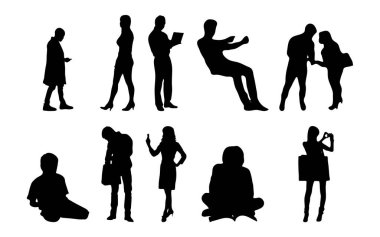 Vektör siluetleri, insanların ana hatları, Contour çizimleri, insanların siluetleri, ikon kümesi izole edilmiş, oturan insanların silueti, mimari set