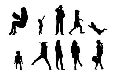 Vektör siluetleri, insanların ana hatları, Contour çizimleri, insanların siluetleri, ikon kümesi izole edilmiş, oturan insanların silueti, mimari set