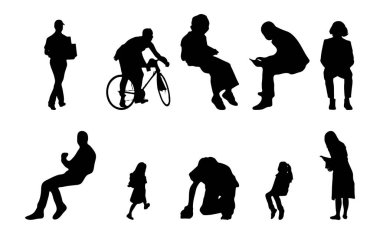 Vektör siluetleri, insanların ana hatları, Contour çizimleri, insanların siluetleri, ikon kümesi izole edilmiş, oturan insanların silueti, mimari set