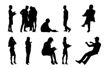 Vektör siluetleri, insanların ana hatları, Contour çizimleri, insanların siluetleri, ikon kümesi izole edilmiş, oturan insanların silueti, mimari set