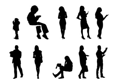 Vektör siluetleri, insanların ana hatları, Contour çizimleri, insanların siluetleri, ikon kümesi izole edilmiş, oturan insanların silueti, mimari set