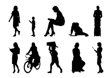 Vektör siluetleri, insanların ana hatları, Contour çizimleri, insanların siluetleri, ikon kümesi izole edilmiş, oturan insanların silueti, mimari set