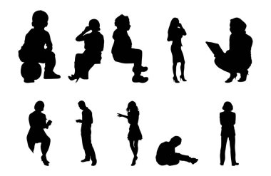 Vektör siluetleri, insanların ana hatları, Contour çizimleri, insanların siluetleri, ikon kümesi izole edilmiş, oturan insanların silueti, mimari set