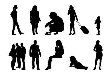 Vektör siluetleri, insanların ana hatları, Contour çizimleri, insanların siluetleri, ikon kümesi izole edilmiş, oturan insanların silueti, mimari set