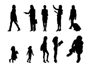 Vektör siluetleri, insanların ana hatları, Contour çizimleri, insanların siluetleri, ikon kümesi izole edilmiş, oturan insanların silueti, mimari set