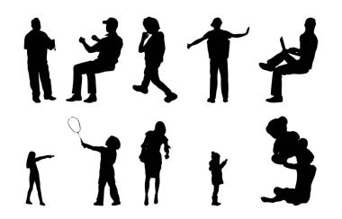 Vektör siluetleri, insanların ana hatları, Contour çizimleri, insanların siluetleri, ikon kümesi izole edilmiş, oturan insanların silueti, mimari set