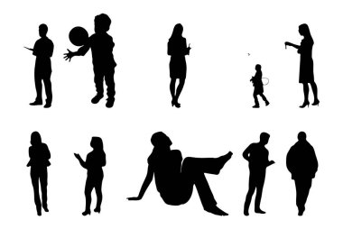 Vektör siluetleri, insanların ana hatları, Contour çizimleri, insanların siluetleri, ikon kümesi izole edilmiş, oturan insanların silueti, mimari set