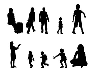 Vektör siluetleri, insanların ana hatları, Contour çizimleri, insanların siluetleri, ikon kümesi izole edilmiş, oturan insanların silueti, mimari set