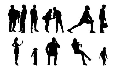 Vektör siluetleri, insanların ana hatları, Contour çizimleri, insanların siluetleri, ikon kümesi izole edilmiş, oturan insanların silueti, mimari set