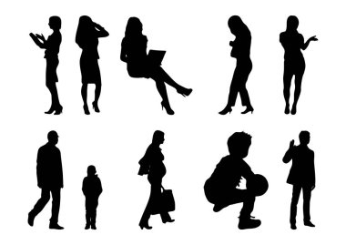 Vektör siluetleri, insanların ana hatları, Contour çizimleri, insanların siluetleri, ikon kümesi izole edilmiş, oturan insanların silueti, mimari set