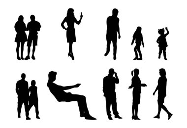 Vektör siluetleri, insanların ana hatları, Contour çizimleri, insanların siluetleri, ikon kümesi izole edilmiş, oturan insanların silueti, mimari set