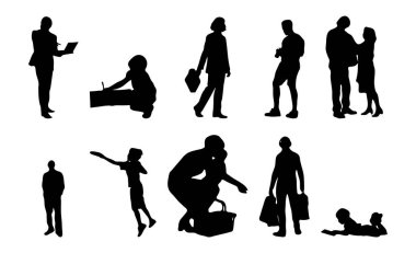 Vektör siluetleri, insanların ana hatları, Contour çizimleri, insanların siluetleri, ikon kümesi izole edilmiş, oturan insanların silueti, mimari set