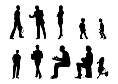 Vektör siluetleri, insanların ana hatları, Contour çizimleri, insanların siluetleri, ikon kümesi izole edilmiş, oturan insanların silueti, mimari set