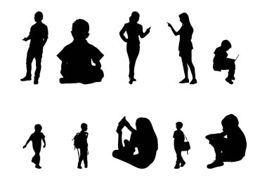 Vektör siluetleri, insanların ana hatları, Contour çizimleri, insanların siluetleri, ikon kümesi izole edilmiş, oturan insanların silueti, mimari set