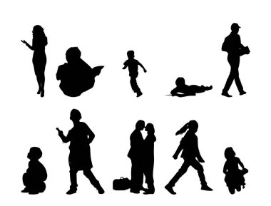 Vektör siluetleri, insanların ana hatları, Contour çizimleri, insanların siluetleri, ikon kümesi izole edilmiş, oturan insanların silueti, mimari set