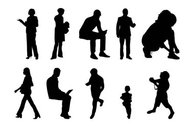 Vektör siluetleri, insanların ana hatları, Contour çizimleri, insanların siluetleri, ikon kümesi izole edilmiş, oturan insanların silueti, mimari set