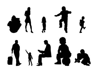 Vektör siluetleri, insanların ana hatları, Contour çizimleri, insanların siluetleri, ikon kümesi izole edilmiş, oturan insanların silueti, mimari set