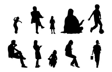 Vektör siluetleri, insanların ana hatları, Contour çizimleri, insanların siluetleri, ikon kümesi izole edilmiş, oturan insanların silueti, mimari set