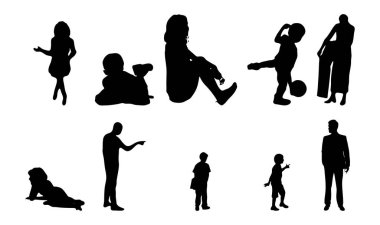Vektör siluetleri, insanların ana hatları, Contour çizimleri, insanların siluetleri, ikon kümesi izole edilmiş, oturan insanların silueti, mimari set